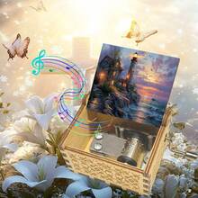 Coastal Lighthouse Sunset Hand Crank Wooden Music Box – No Battery Needed, Nautical Gift For Her - Coastal Lighthouse Sunset Music Box - View 7