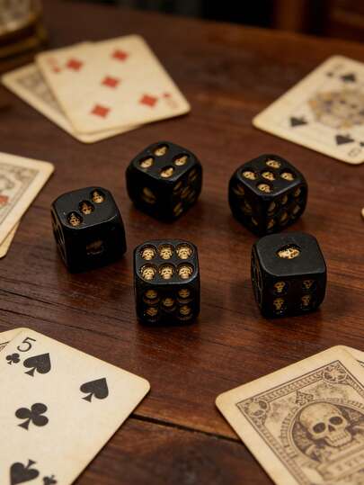 Juego de dados de seis caras de estilo gótico negro y dorado - Dados con forma de calavera de resina duradera, adecuados para diversos escenarios como juegos de rol de mesa, juegos de mesa, etc. Compatibles con juegos de fiesta y pueden usarse como regalos de Navidad y decoraciones para las habitaciones de los jugadores.