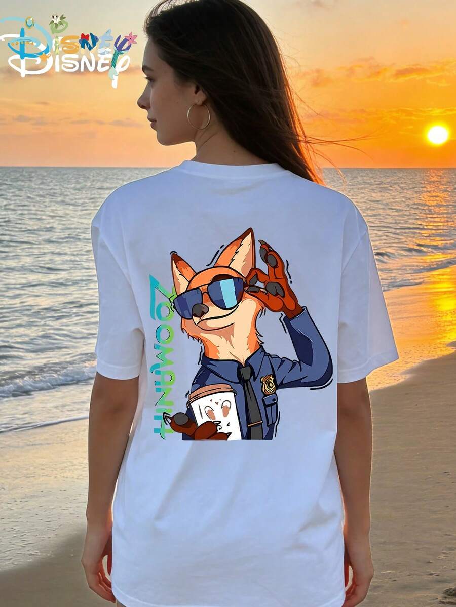 Disney Summer Fashion Single-Sided Printed Nick Wilde Round Neck Women's Loose Short Sleeved Shirt - trắng - Xem 1