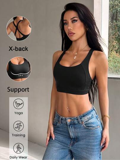 Women's Fitted Solid Color Criss-Cross Back Padded Sports Bra, Suitable For Yoga, Fitness, Running, Pilates