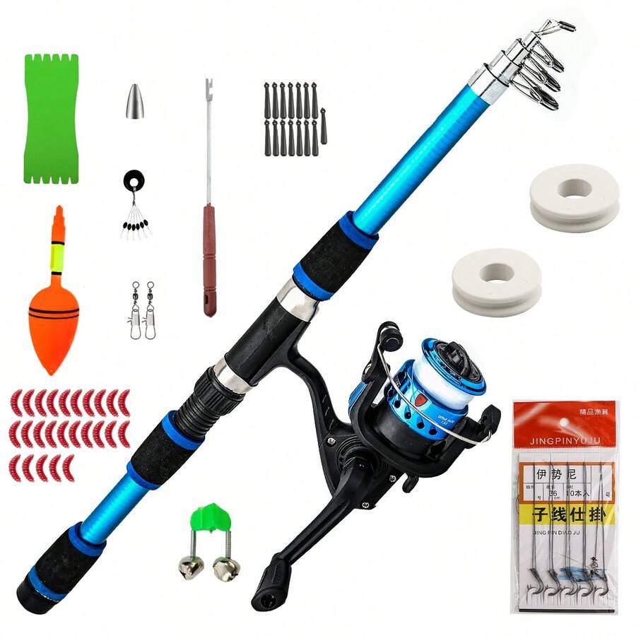 1.8米伸缩式鱼竿，带抛饵器，硬质FRP材质，便携式鲤鱼纺车竿，包含纺车轮、鱼饵、鱼钩、鱼竿套装 - 彩色 - 查看 1