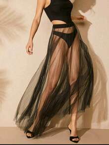 Solid Sexy FashionSheer Pleated Mesh Maxi Skirt - Multicolor - View 2