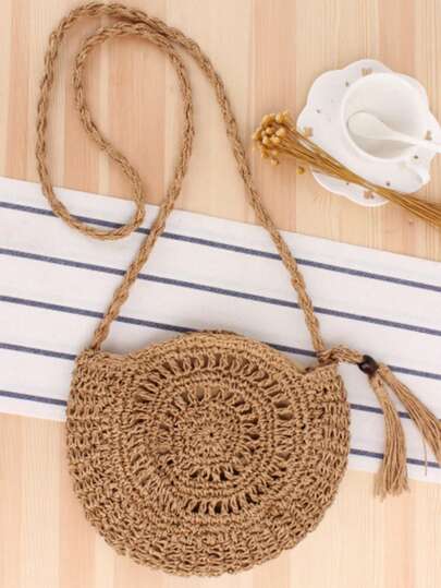 Handmade Woven Round Hollow Versatile Minimalist Shoulder/Crossbody Bag, Suitable For Vacation, Travel, And Shopping