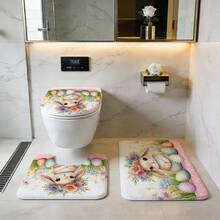 1/3/4PCS Floral Hat Bunny Easter Egg Polka Dot Bathroom Set (4 Pieces) Home Decor, Bathroom Curtain, Bathroom Set, Including Shower Curtain And Shower Curtain Set. This Decorative Bathroom Set Includes A Shower Curtain, U-Shaped Toilet Seat Cover, Non-Slip Mat, Toilet Seat Cover, And 12 Shower Curtain Hooks. Suitable As A Housewarming Gift, Birthday Gift, Holiday Gift, Or A Gift Between Boyfriends/Girlfriends. - Multicolor - View 6