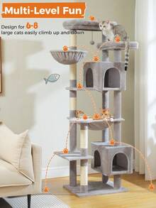 PAWZ Road 69-Inch Large Cat Tree, Gothic Cat Tower For Indoor Large Cats With Super Large Hammock, Tall Cat Climbing Tree Tower With Scratching Posts, Cozy Condo House And Large Top Perch,Grey - 灰色 - 查看 3