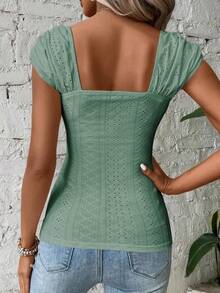 Womens Square Neck Tank Top Eyelet Cap Sleeve Slim Fit Backless Tee Going Out Summer Tops - Xanh quân đội-1 - Xem 2