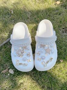 20件套珍珠花朵、海星、蝴蝶、蝴蝶结、链条鞋饰，可拆卸复古DIY仿珍珠花卉花园鞋饰，适合节日和生日派对礼物 - 金色 - 查看 8