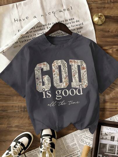 新款夏季女式简约“上帝真好”字母印花圆领深灰色短袖T恤，时尚百搭，适合女性日常休闲穿着。