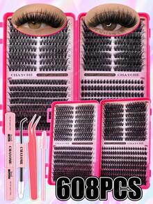 608/544/528片装DIY单根假睫毛，多款式假睫毛一盒，8-16毫米混合长度条状假睫毛，柔软持久，套装包含睫毛胶、定型液、刷子和镊子，适合日常、约会、派对和节日，易于佩戴。 - 粉色 - 查看 12