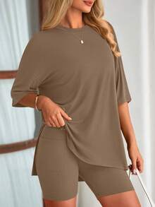 PRETTYGARDEN Women's Summer Clothes 2 Piece Sets Lounge Set Casual Oversized Shirts Biker Shorts Matching Airport Travel Sweatsuit Set Women Vacation Outfit Dark Khaki Summer Brunch Outfits For Women - 深卡其 - 查看 3