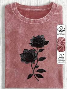 Plus Size Women's Casual Rose Vine Print Round Neck Short Sleeve T-Shirt, Suitable For Spring, Summer And Autumn - Hot Pink - View 3