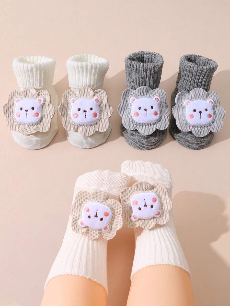 2双装婴儿可爱卡通纯色条纹中筒袜，防滑鞋底，百搭婴儿袜，适合日常穿着 - 彩色 - 查看 1