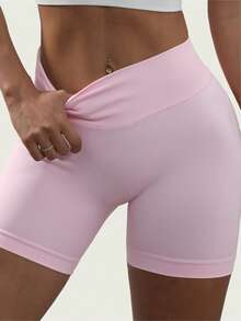 2条装运动短裤 - 黑色和弹力粉色短裤，高腰收腹女士运动短裤，健身短裤，骑行短裤 - 彩色 - 查看 4