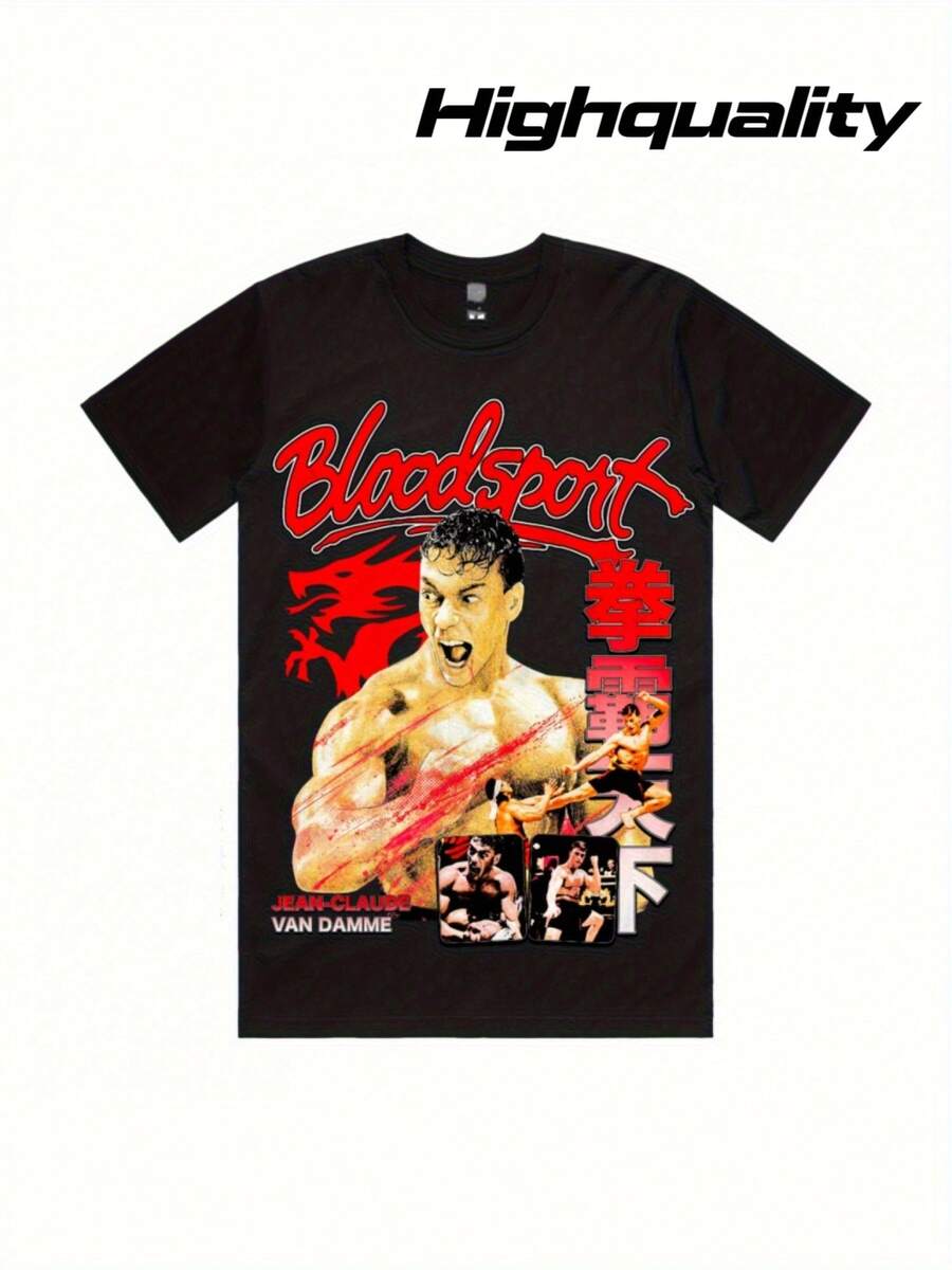 Men's Vintage Action Movie Graphic T-Shirt - Bloodsport Martial Arts Design Tee With Van Damme, Black & Red Retro Fighting Shirt For Gym, Cosplay, Casual Wear - Machine Washable Regular Fit Adult Top, Streetwear Fashion, Bold Print, Highquality Print, Statement Apparel, Fitness Enthusiasts - 黑色 - 查看 1