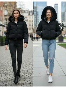Women's Winter Jacket With Lined Puffer Hood And Fleece Lining - 黑色 - 查看 5