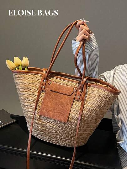 Fashion Large Capacity Woven Tote Bag, New Beach Vacation Shoulder Underarm Straw Large Bag, Eye-Catching Beach Bag Summer, Summer Straw Beach Bag For Women, Fashion Summer Vacation Bag, Beach Essentials Women Bags For Vacation & Holiday, Vacation Essentials, Perfect For Summer, Vacation & Beach