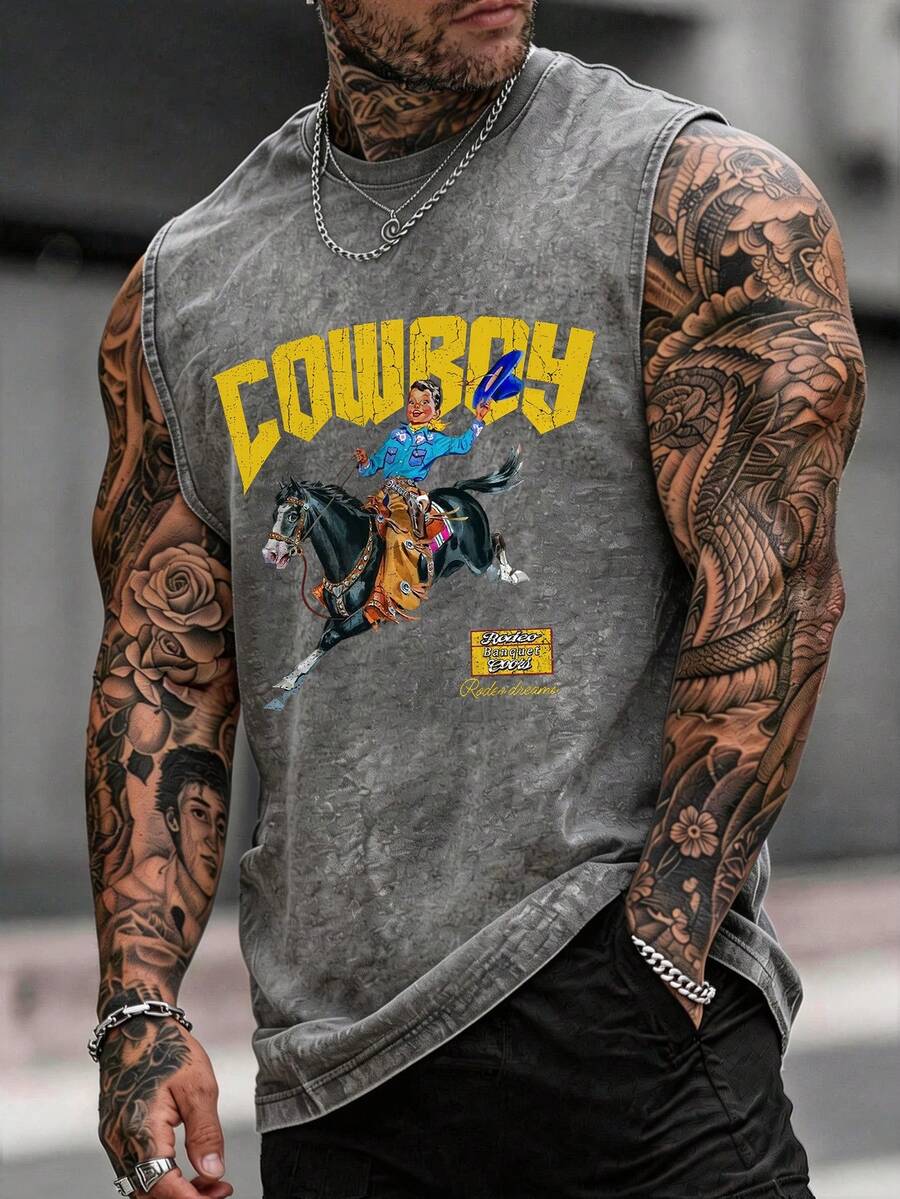 Men's Printed Vintage Washed Vest, Loose Fit, Casual Street Style, A Must-Have Item For Street Wear And The Gym. - 淺灰色 - 查看 1