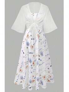 2 Pieces Women's Floral Chiffon Dress & Elegant Romantic Date Outfit - 彩色 - 查看 3