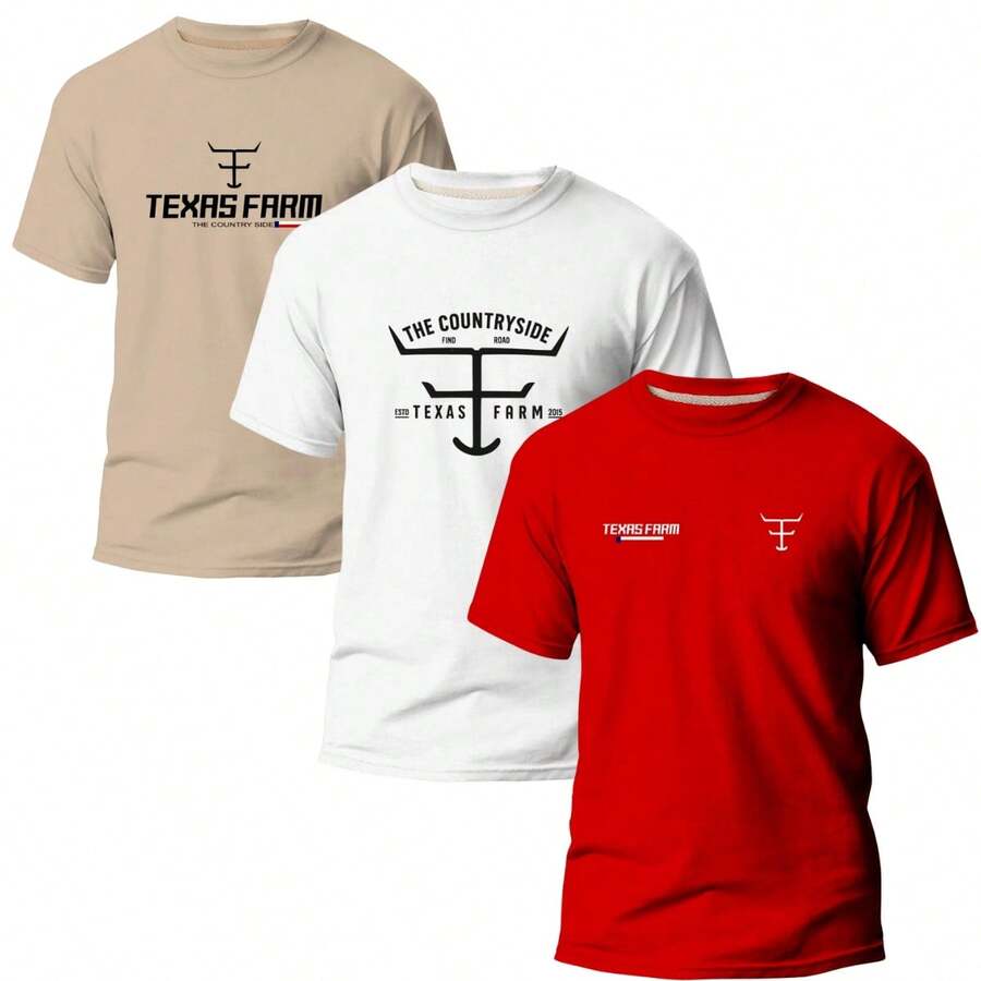 Kit Of 3 Men's Rodeo Style Country Fashion T-Shirts Texas 050 - Đỏ - Xem 1
