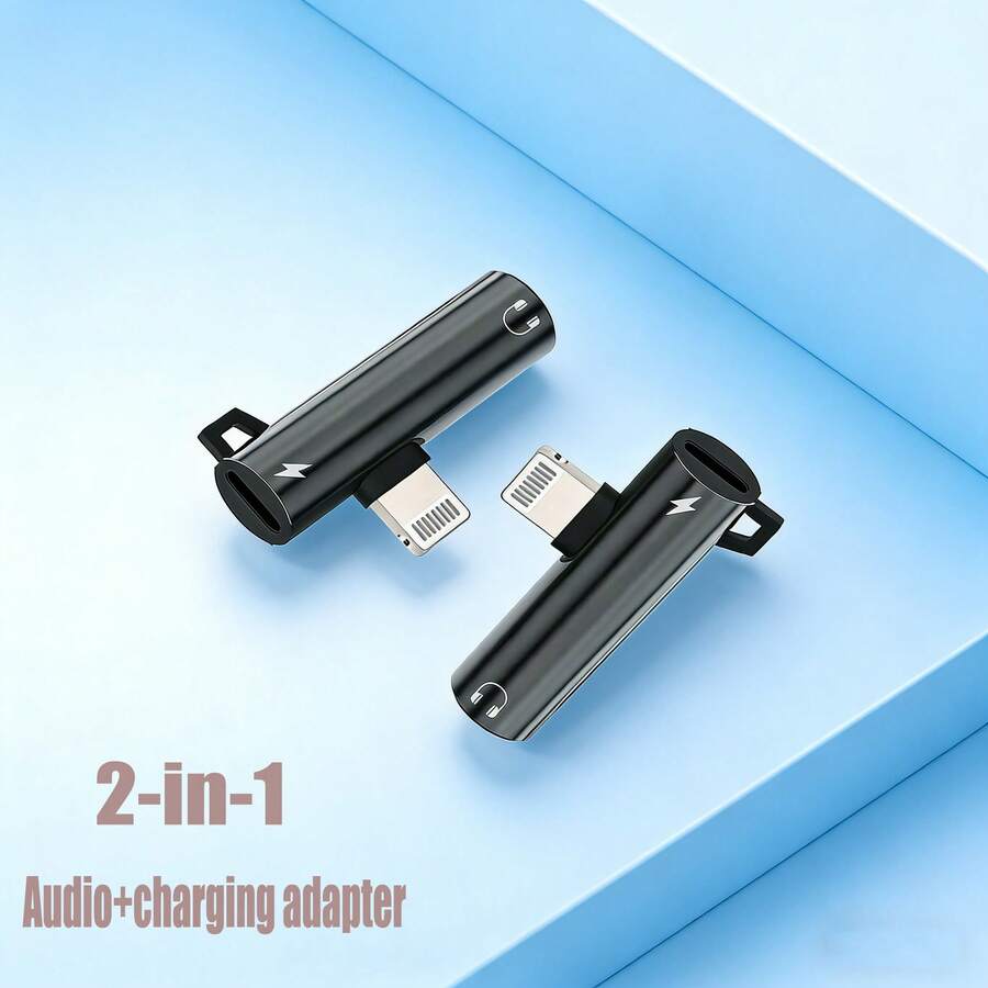 1-2个便携式双头音频转换器，Lightning转3.5mm AUX耳机插孔及充电适配器，高品质耳机音频分离器转换器，兼容 11/12/13/14 Mini Pro Max XS XR X 7/8、Air系列，即插即用 - 黑色 - 查看 1