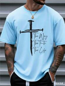 Men's Christian Faith Graphic T-Shirt - The Way The Truth The Life Cross Design, % Cotton Breathable Regular Short Sleeve T-Shirt, Suitable For Spring Summer Casual And Outdoor Wear, Religious Theme Clothing, Casual Wear Bold Graphic T-Shirt Comfortable Style, Christian T-Shirt - Unisex Plus Size Top - 藍色 - 查看 3