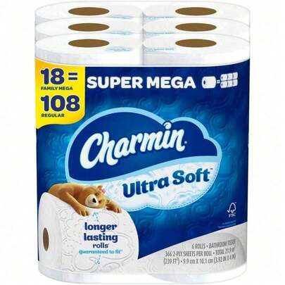 Charmin Ultra Soft Toilet Paper – 6 Mega Rolls, 224 Sheets Per Roll, 3-Ply Softness, Cushiony Comfort, Ideal For Sensitive Skin, Non-Clogging, Durable & Absorbent For Daily Use, Perfect For Homes & Offices, Septic