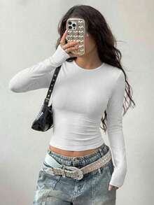 Áo thun trắng dài tay, cổ tròn, dáng ôm, kiểu dáng thường ngày năng động và đa năng, lớp áo trong cơ bản cho mùa thu và mùa đông. Mùa xuân. - trắng - Xem 5