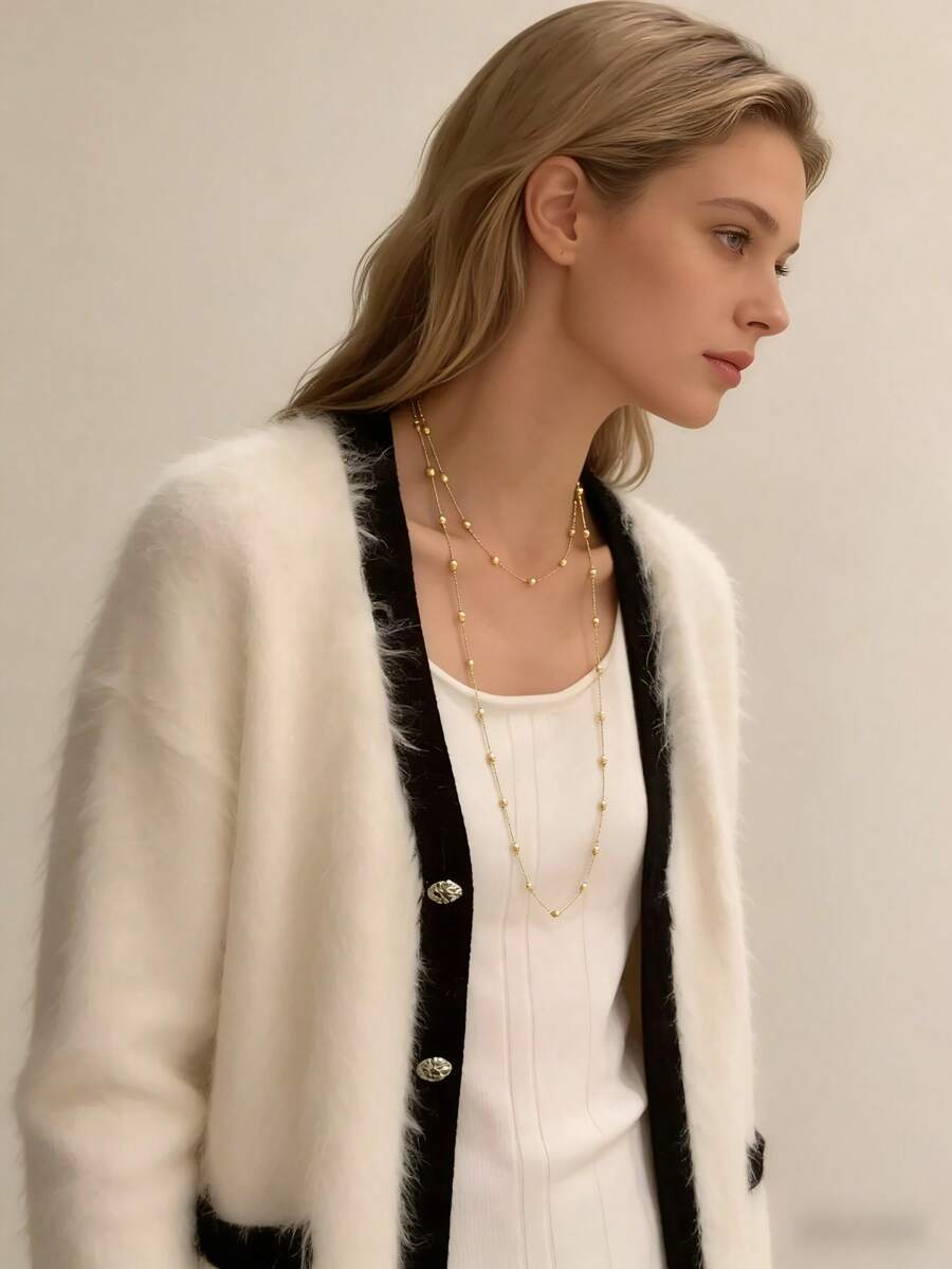 1 pieza Collar de 100cm de largo con diseño de bola redonda chapado en oro de 18K de acero inoxidable, de moda y sexy, adecuado para uso diario, fiestas, baile - Dorado - Ver 1