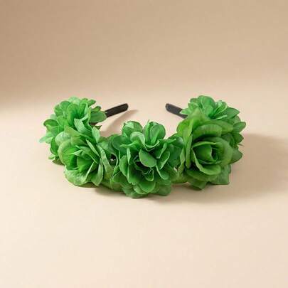 1件圣帕特里克节花卉头箍，人造绿色花朵派对配饰