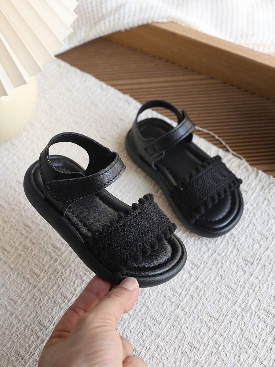 Kids Woven Open Toe Sandals, Girls Hook And Loop Closure Easy On/Off, Non-Slip Soft Bottom, Kindergarten Outdoor Casual Sandals - Black - View 1