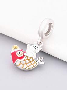 1 Piece 925 Sterling Silver Cat And Goldfish Charm, Enamel Cat Playing Fish Dangle Pendant Bead DIY Jewelry Gift - Silver - View 3