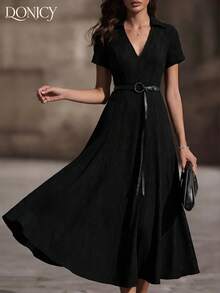 DONICY 女士黑色衬衫领长款连衣裙，优雅短袖系带A字连衣裙，罗纹面料，适合春夏日常及办公穿着。 - 黑色 - 查看 5