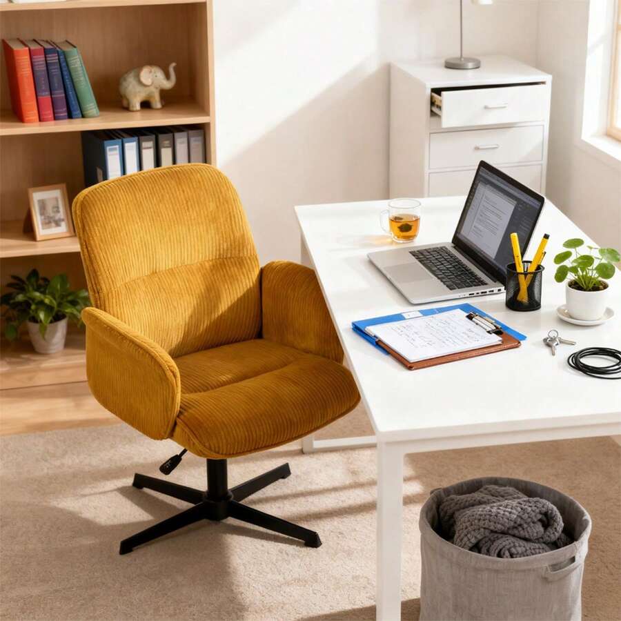 Meubles Cosy Swivel Office Chair In Corduroy, Height Adjustable, With Curved Wood Frame, Foam Padding And Metal Base For Office, Workspaces And Living Room, Yellow - Yellow - View 1