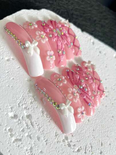 10片超长手工美甲贴纸，适合派对和日常佩戴，蝴蝶、花朵、3D水钻图案，少女风，易于粘贴。10片Y2K风格超长手工美甲贴纸，闪亮水钻，春夏风格，适合女孩和女士在节日和日常场合佩戴。手工按压式美甲贴纸