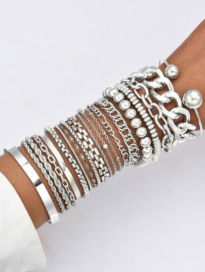 20件套简约时尚复古不对称几何宽手链套装，适合情侣、送礼、日常、休闲、派对、夏季、婚礼等场合。