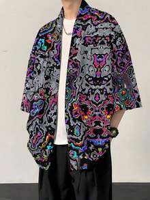Music Festival Bold Statement! Iridescent Fluid Print Woven Cardigan, Avant-Garde And Eye-Catching, Men's Spring And Summer Streetwear And Birthday Gift Choice, Iridescent Fluid Pattern Men's Printed Cardigan - Nhiều màu - Xem 1