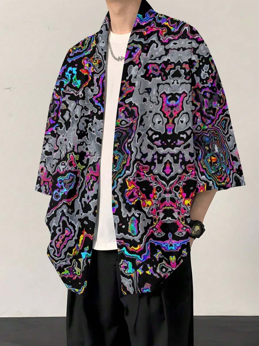 Music Festival Bold Statement! Iridescent Fluid Print Woven Cardigan, Avant-Garde And Eye-Catching, Men's Spring And Summer Streetwear And Birthday Gift Choice, Iridescent Fluid Pattern Men's Printed Cardigan - Nhiều màu - Xem 1
