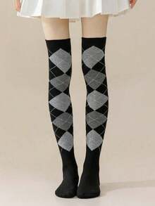 1 Pair Spring Autumn Winter Jk Dance Geometric Patterns Argyle Plaid Knee High Socks Thigh Over The Knee Socks, Y2k, Cozy - 36-39 - 查看 2