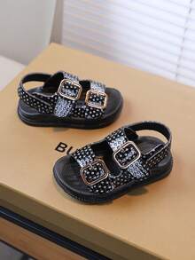 2025 Summer New Girls' Rhinestone Double Buckle Sandals, Soft Sole Anti-Slip Breathable Beach Shoes, Casual Sandals For Toddlers & Little Kids - Black - View 2