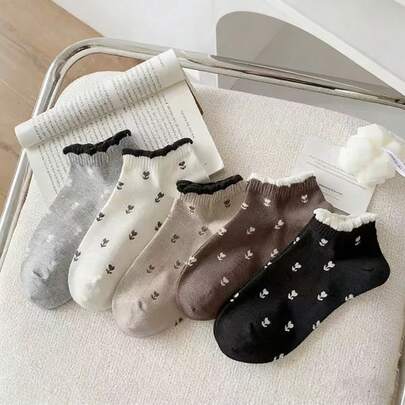 5双装女士短袜，轻薄透气，蕾丝边，防滑，适合春夏穿着
