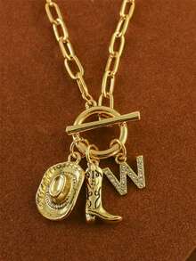 1pc Retro Classic Letter Western Cowboy Hat Pendant, With Gold Stainless Steel Paperclip Chain, Women Necklace - Yellow Gold - View 32