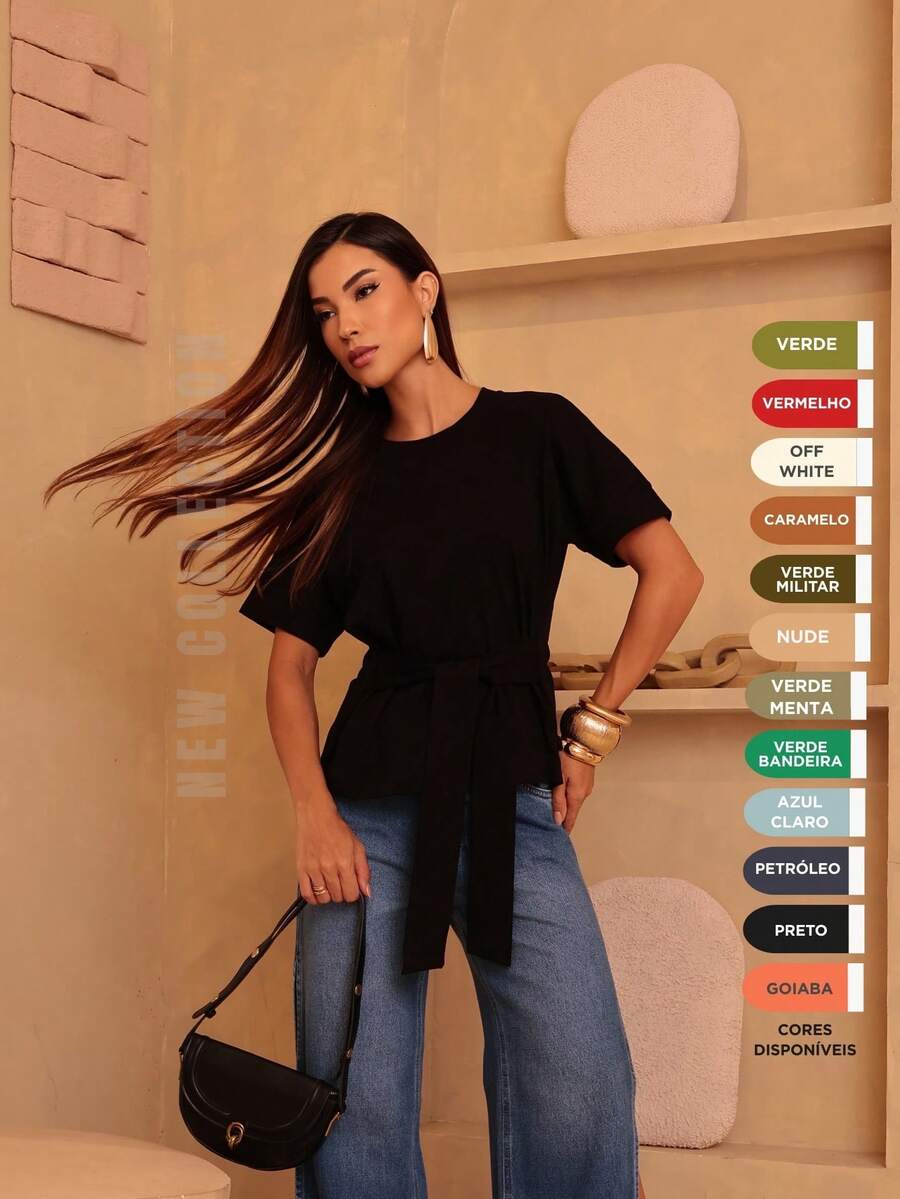 Maria do Luxo Stylish Women's Basic Tie-Front Blouse With Short Sleeves - Negro - Ver 1