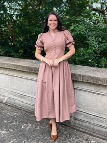 Marrant Midi Dress With Puff Sleeves, Princess Style, Elegant Sensual Fabric, Evangelical Fashion, Women's, Flared Waist, Front Buttons, Casual Chic, Sizes M To XL - 玫瑰/裸色 - 查看 6