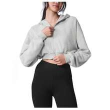 Alo Yoga Women's Accolade Cropped Full Zip Hoodie | Premium Heavyweight French Terry Fleece Sweatshirt | Luxury Soft Short Length Zip-Up Outerwear | Classic Streetwear Cropped Hooded Jacket | Urban Fashion Slimming Boxy Fit Gym Apparel | Athletic Leisure Jumper With Chrome Logo - Light Grey - View 3
