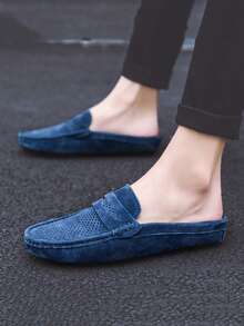 Men's Slip-On Loafers, Lightweight Breathable Shock-Absorbing Round Toe Backless Flat Mules, Retro Casual Summer Walking Shoes, Blue Suede Faux Leather Loafers Slippers, Big Size 12 13 14 15 - Blue Hollowed-out - View 3