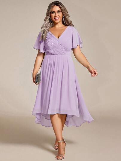EVERPRETTY Plus Size Elegant Chiffon V-Neck Pleated Front Lavender Bridesmaid Dress, Soft High-Low Ruffle Hem, Suitable For Wedding Ceremony And Formal Evening Events