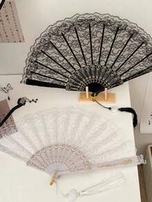1pc White/Black New Chinese Style Black Lace Folding Fan, Lolita Hanfu Cheongsam Fan, Retro Tassel Ancient Style Hand Fan - Multicolor - View 3