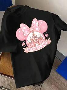 Disney Minnie Mouse Bow And Castle Pattern Women's T-Shirt, All-Season Round Neck Short-Sleeved Top, Comfortable And Soft Pure Cotton T-Shirt, Family-Themed Park Vacation Shirt, Suitable For Everyday Wear, Outings, School, Parties. - Black - View 2