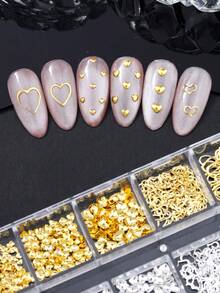 12片合金银色心形薄片美甲装饰贴，DIY朋克风美甲贴纸，美甲沙龙用品 - 彩色 - 查看 10