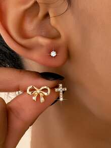 Set de 6 piezas de aretes de metal simple con cruces y moños con strass, regalo del Día de San Valentín - Dorado - Ver 1
